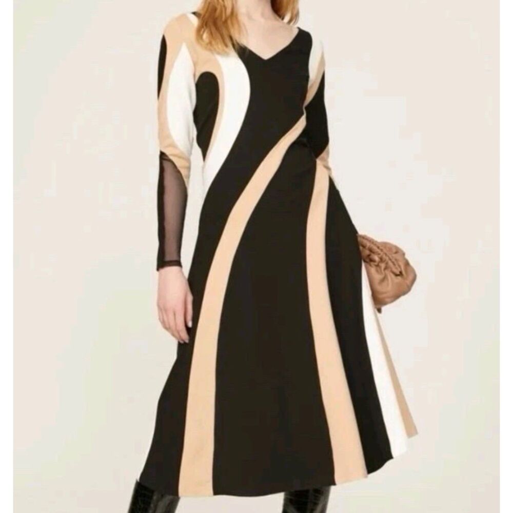 DONNA KARAN Astra Gaze Swirl Colorblock Fit & Flare Midi Dress Artsy Size 4 NWT